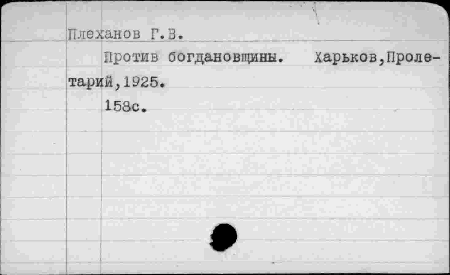 ﻿Плеханов Г.З.
Против богдановщины.	Харьков,Проле-
тарий, 1925.
158с.